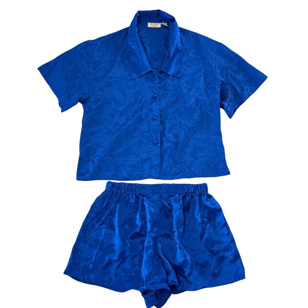 Victoria's Secret Sleep Set Button-Up Top with Shorts Blue Size Small